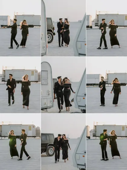 A nine-image grid showcasing various moments of the couple walking and interacting in the desert, telling a complete story of their pre-wedding adventure.