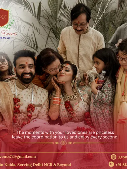 The moments with your loved ones are priceless. This picture captures a beautiful family moment, with the bride and groom surrounded by love. We take care of the coordination so you can enjoy every second.