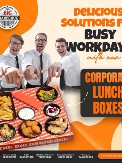 We offer delicious solutions for busy workdays. This graphic highlights our corporate lunch boxes as the perfect way to treat your team, combining convenience with the great taste of The Big Barbeque.