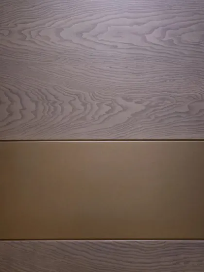 A close-up of a door combining a grey wood veneer with a smooth, matte gold metal inlay, a perfect example of mixed-material design.