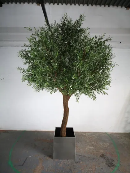 A highly realistic artificial olive tree in a modern metallic planter, ideal for adding a touch of Mediterranean style to interiors.