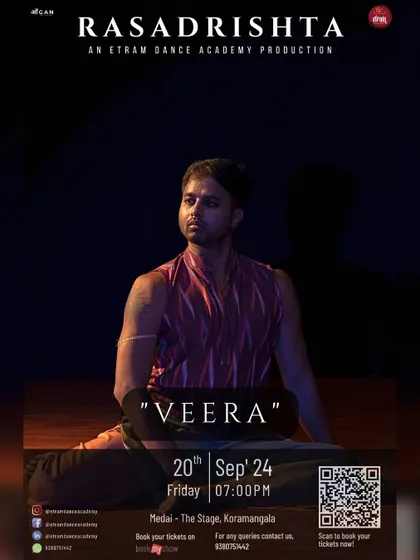 The 'Veera' rasa, representing courage and heroism, is powerfully depicted by a male dancer in this poster for 'Rasadrishta'.