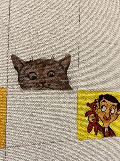 A tiny painting of a peeking cat, inspired by a popular meme. This was a fun suggestion from one of my followers for my mini-painting project.