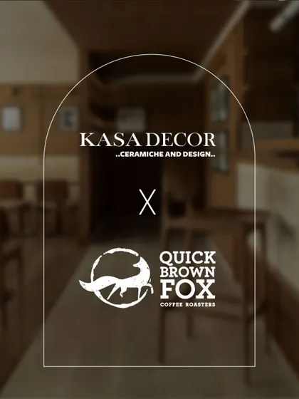 A branding image celebrating my collaboration with Quick Brown Fox Coffee Roasters. It signifies the meeting of great coffee and great design, with my travertine stone surfaces providing the perfect backdrop.