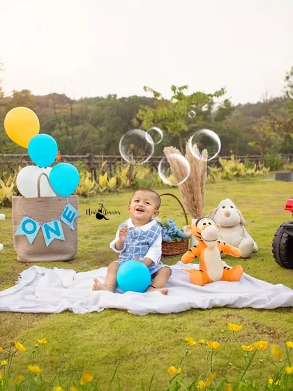 A wide shot of the entire first birthday picnic scene, showing the happy baby surrounded by bubbles, balloons, and his favorite stuffed animals.