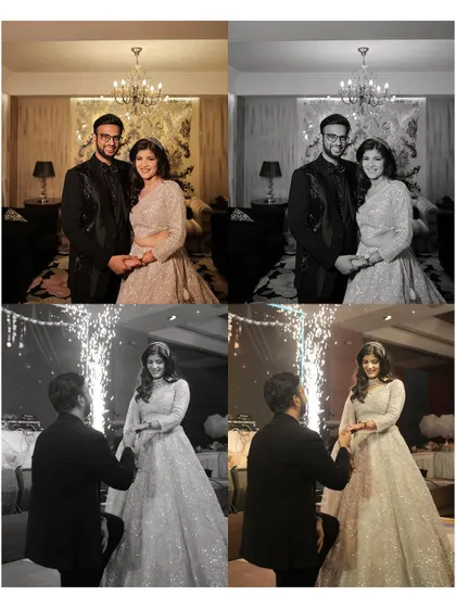 A creative quad-split of the engagement, showing the key moments in different tones. It highlights both the formal portraits and the magical proposal.