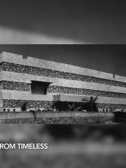 A timeless, black-and-white photograph of the Otters Club, designed by us in 1973. The building's bold, brutalist form and textured facade have made it an enduring architectural landmark in Bandra.