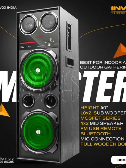 Another look at the powerful Monster DJ speaker. The full wooden body ensures premium acoustics, while the dual mic inputs make it perfect for indoor and outdoor parties.