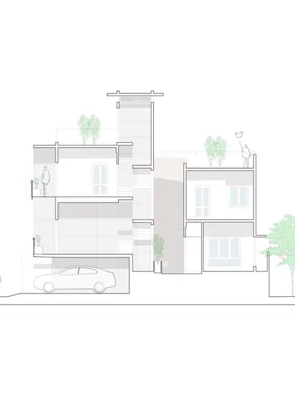 The split-level design is clarified in this sectional drawing. The section shows how the volumes are arranged to allow visual connection across the central core of the house, ensuring that natural light floods the interior spaces from top to bottom.