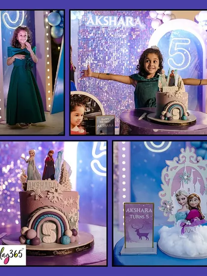 A collage from Akshara's Frozen-themed 5th birthday, showing her enjoying the party, the custom castle cake, and the detailed character toppers.