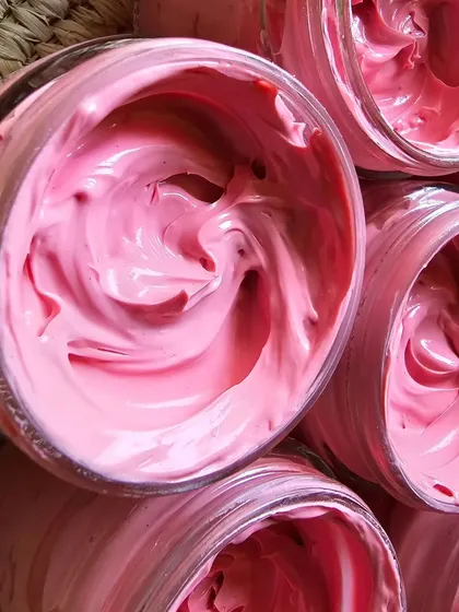 A close-up of the creamy, smooth texture of my Rose Calamine Facepack. It contains Kaolin clay to absorb impurities and rose extracts to soothe the skin.