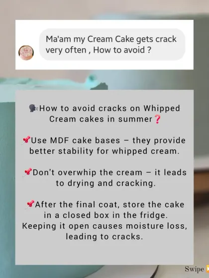 How to avoid cracks on your whipped cream cake, especially in summer. Using MDF cake boards and storing the cake in a closed box are crucial.