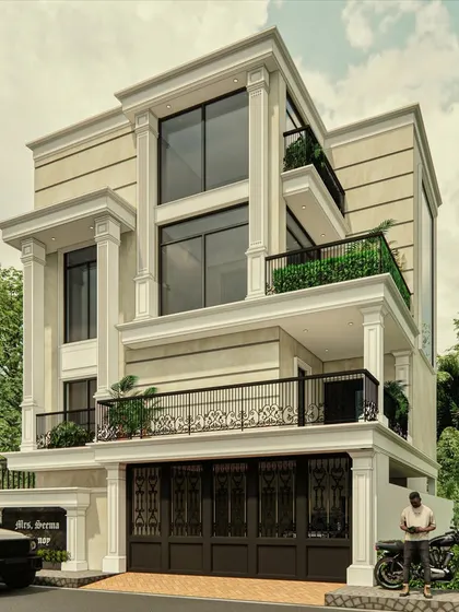 A proposed 40x60 Vastu-compliant villa design that fuses contemporary planning with neoclassical elements. The elevation features grand columns, large windows, and landscaped pockets, designed for multi-generational living.