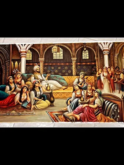A large, detailed painting depicting a royal court scene, in the style of antique Mughal art. I can create historical and traditional scenes for large spaces.