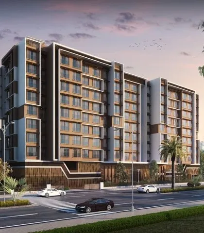 A 3D exterior render of a modern apartment building at sunset. The warm lighting accentuates the wood-paneled details and the dynamic form of the architecture.