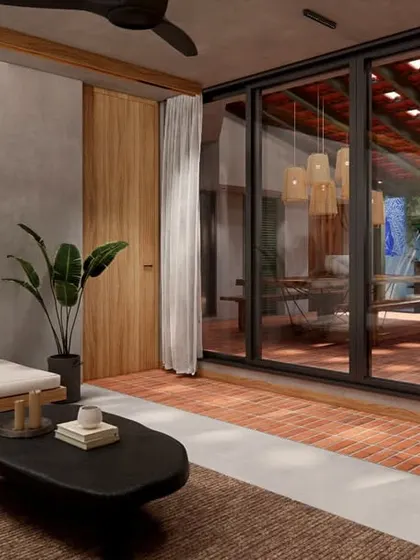 Looking from the lounge area of the HAUS 5 library out to the terrace, this view shows how we design spaces to flow into one another.