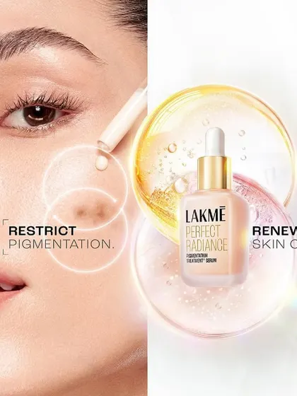 A composite advertisement for Lakmé's Perfect Radiance serum. It pairs a model applying the serum with a stylized product shot, using text to explain its dual action of restricting pigmentation and renewing skin cells.