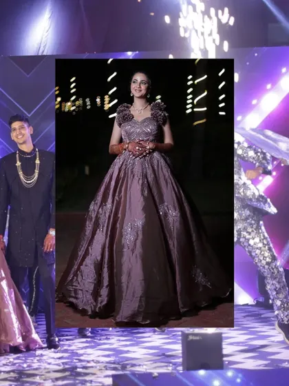 This collage captures the vibrant energy of a Sangeet celebration. It showcases the couple's grand entrance, the festive atmosphere with stage performers, and the beautiful details of their outfits.