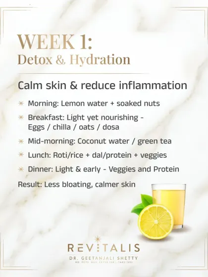 Week 1 is all about detox and hydration. The goal is to calm inflammation and reduce bloating by focusing on light, nourishing meals like dosa or oats for breakfast and a balanced lunch. This initial phase helps reset your system for calmer, clearer skin.