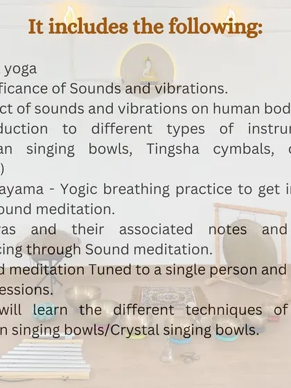 This graphic lists the key therapeutic benefits of becoming a certified sound meditation teacher. You will learn to reduce stress, facilitate emotional healing, and balance energy centers for yourself and your students.