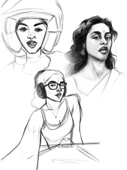 A collection of female portrait sketches. In this session, I was playing with different angles, accessories like headphones and helmets, and a variety of expressions.