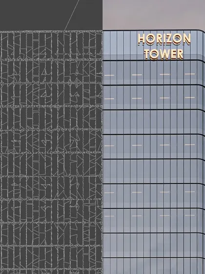 A technical view showing the wireframe and final render of the Horizon Tower's facade. This highlights the precision and complexity involved in creating the seamless, curved glass exterior.