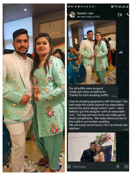 We believe in making our clients happy, and this feedback says it all. We created these custom mint-green outfits for a lovely couple, and their joy, along with their kind words shared on WhatsApp, is our biggest reward. This is the proof of our commitment to bringing your vision to life.
