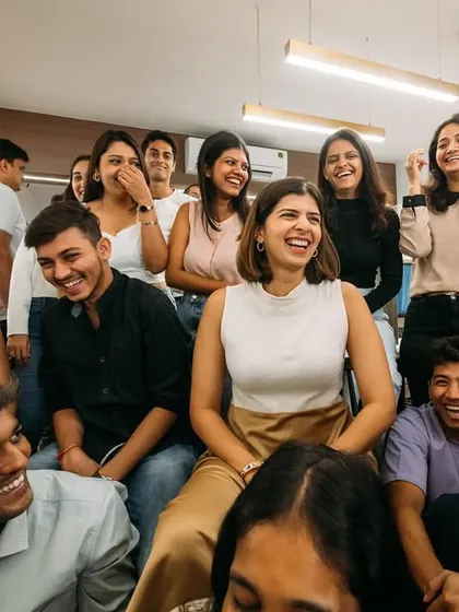 The team erupting in laughter during a meeting. We work hard, but we also have a lot of fun together.