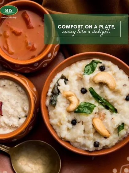 Classic Pongal mornings are a tradition at our shop. This image captures a bowl of our steamy, ghee-loaded pongal, served with coconut chutney and sambar.