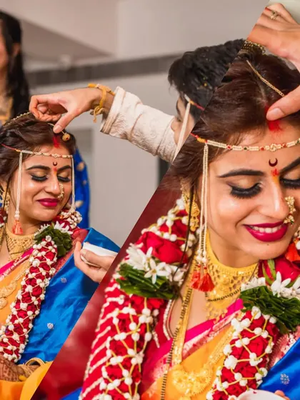 A close-up collage of the bride during the ceremony, showing the moment sindoor is applied, a significant and emotional ritual.