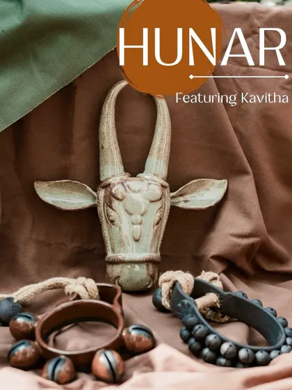 This image showcases the work of Kavitha, an interior designer who followed her passion for arts and crafts. Her collection for Hunar is inspired by cherished childhood memories, blending wheel-throwing and hand-building techniques.