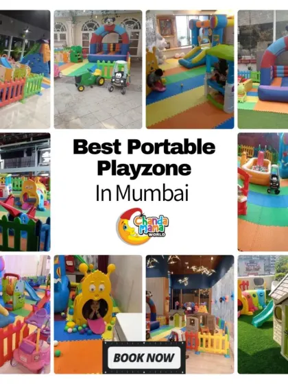 This collage of the "Best Portable Playzone in Mumbai" shows nine different setups, from bouncy castles and ball pits to playhouses and ride-on tractors, all available for you to book now.