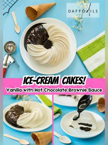My Vanilla Ice Cream Cake comes with a bottle of hot chocolate brownie sauce to pour over as you desire. The French vanilla ice cream is sandwiched between layers of moist chocolate sponge and decadent brownie sauce.