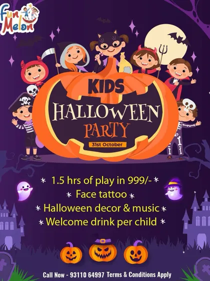 Another promotional graphic for the kids' Halloween party, inviting everyone for a spooky good time.