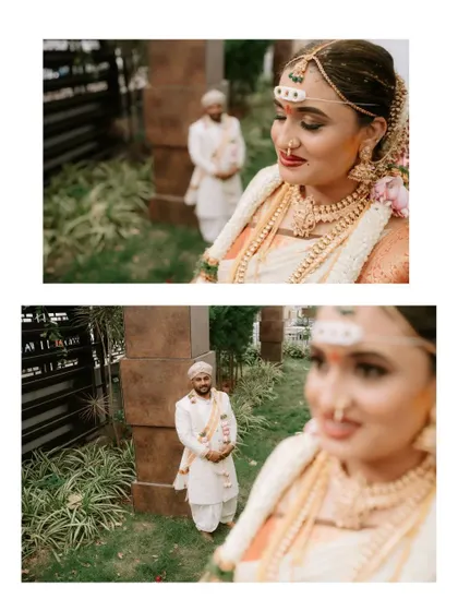 A creative "first look" style shot, capturing the groom's anticipation in the background as the bride glows in the foreground. This storytelling approach adds depth and emotion to your wedding album.