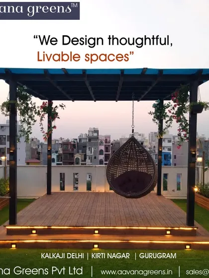 We help you design thoughtful, livable spaces like this rooftop terrace. The custom pergola, comfortable swing, and durable WPC decking create a perfect spot to relax and enjoy the city view.
