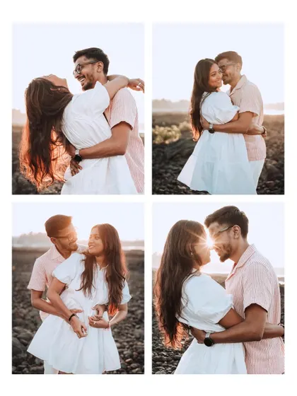 A collage of four romantic and playful moments from Harsh and Shreya's sunset beach shoot, filled with laughter and warm light.