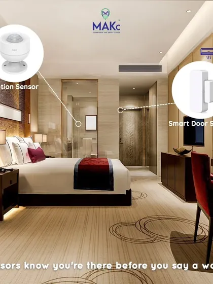 This graphic explains how our sensors work. Motion sensors and door sensors anticipate your presence, while an IR blaster gives you one-touch control over older appliances like TVs and ACs.