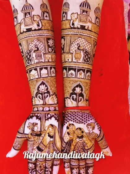 Here, the palms are dedicated to the bride and groom during the wedding ceremony. The arms continue the story with elephants, peacocks, and swans, all auspicious symbols in Indian weddings.