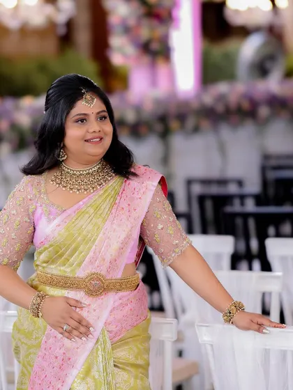 A full view of this stunning engagement ensemble. The pastel colors and intricate embroidery create a look of modern elegance.