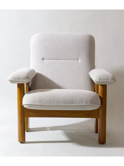A front view of the armchair, showing its inviting cushions and sturdy wooden arms, perfect for relaxation.