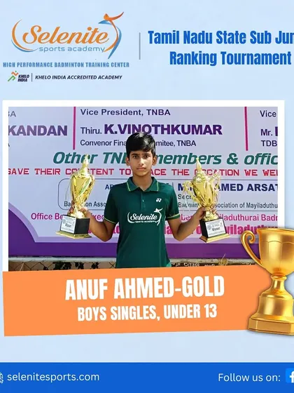 Anuf Ahmed celebrating his double gold medal victories in both singles and doubles at the Tamil Nadu State Sub Junior Ranking Tournament.