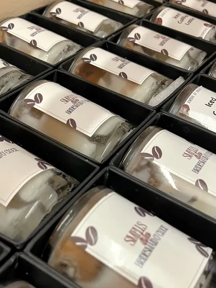 This image displays a bulk order of my Iced Coffee Latte candles, neatly packed and ready for dispatch. It's a great example of a unique corporate gift that's both trendy and sophisticated.