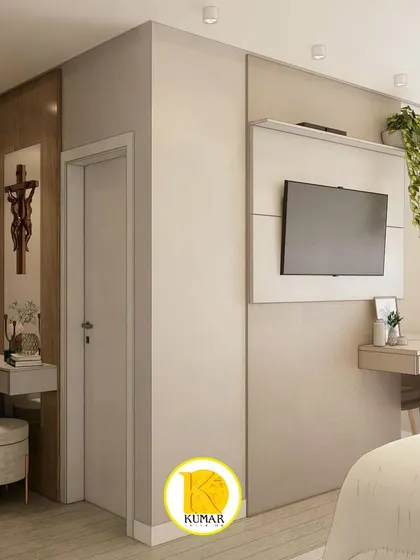 A view showing both the prayer corner and the TV/study unit in the same room.