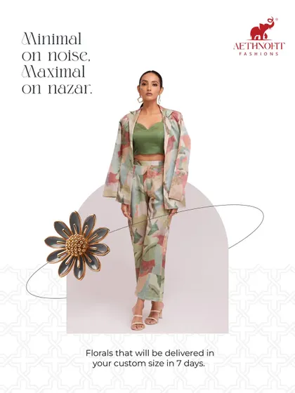 This is for when you want to be minimal on noise but maximal on nazar. I designed this floral silk co-ord set for that effortless, chic look. It’s my take on western wear with a desi twist, and I can custom-fit it for you in just 7 days.