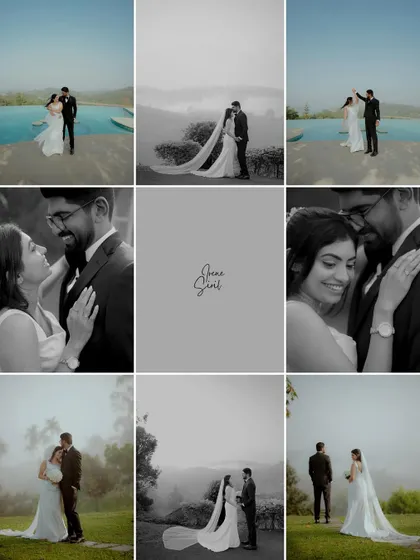 A collage from Irene and Siril's dreamy Christian wedding shoot in the misty hills. This shows how I can create a visual summary of your day, blending grand landscapes with intimate moments.