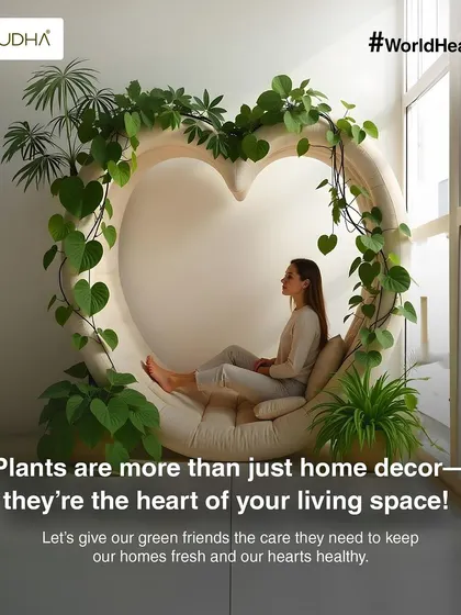 Plants are more than just decor; they're the heart of your living space. This image, created for World Heart Day, shows a heart-shaped chair enveloped in greenery, symbolizing the life and health plants bring to a home.