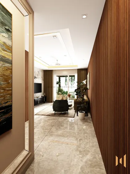 A view from the entrance of a modern luxury home at Sobha Royal Pavilion, where a fluted wood panel wall guides you into the sophisticated living space.