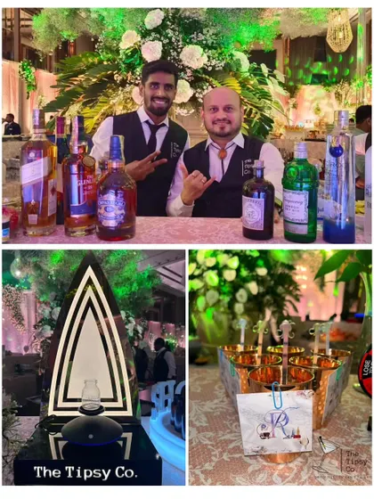 A collage showcasing a high-end bar experience. It features our bartenders with a premium spirit selection, a custom illuminated bottle glorifier, and personalized drink tags.