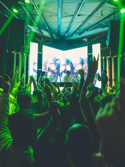 The crowd with their hands up, bathed in green laser lights. The light show is synchronized with the music to create a full sensory experience.